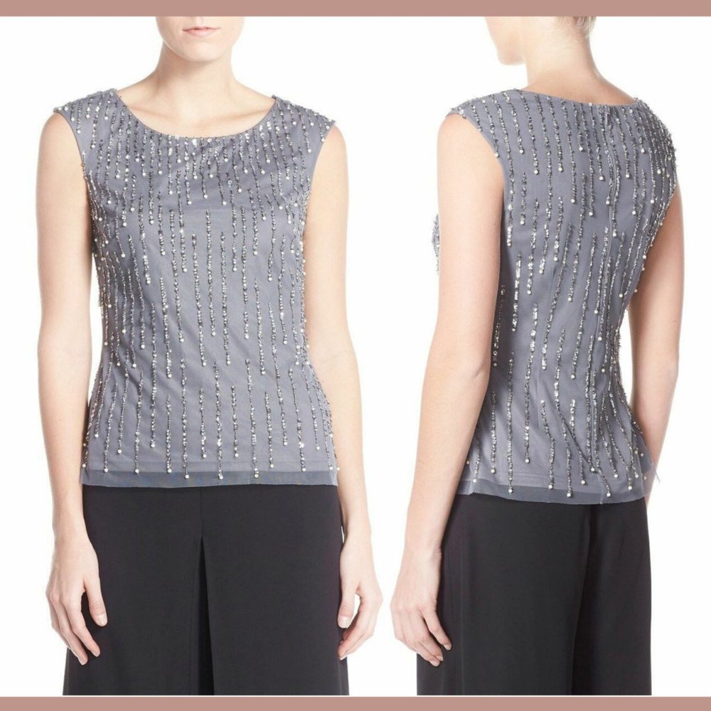 NEW $148 Adrianna Papell Pearl Embellished Mesh Top in Grey [SZ 14‎ ]